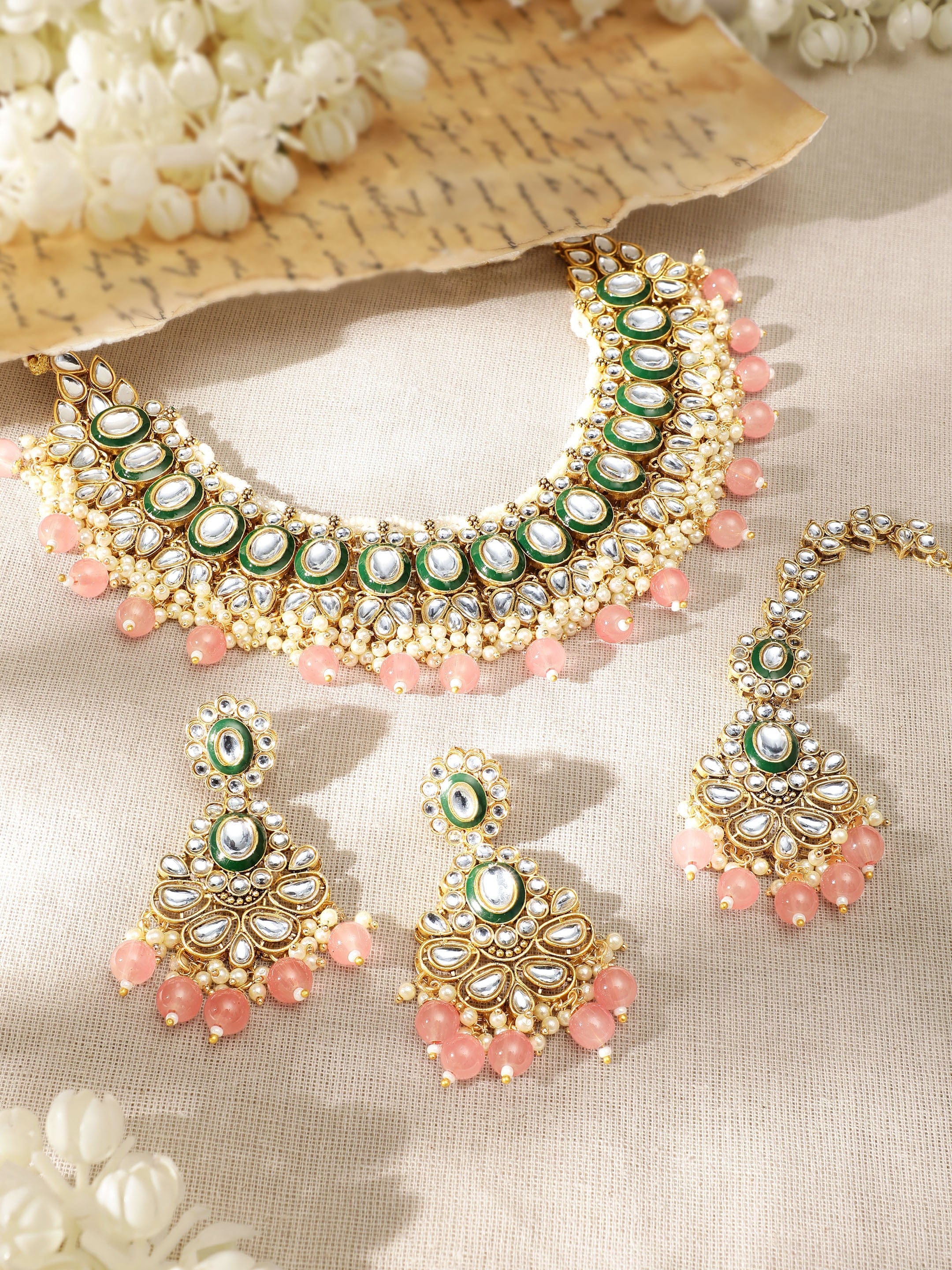 Opulent Radiance 22k Gold Plated Kundan and Pearl Beaded Jewelry Set