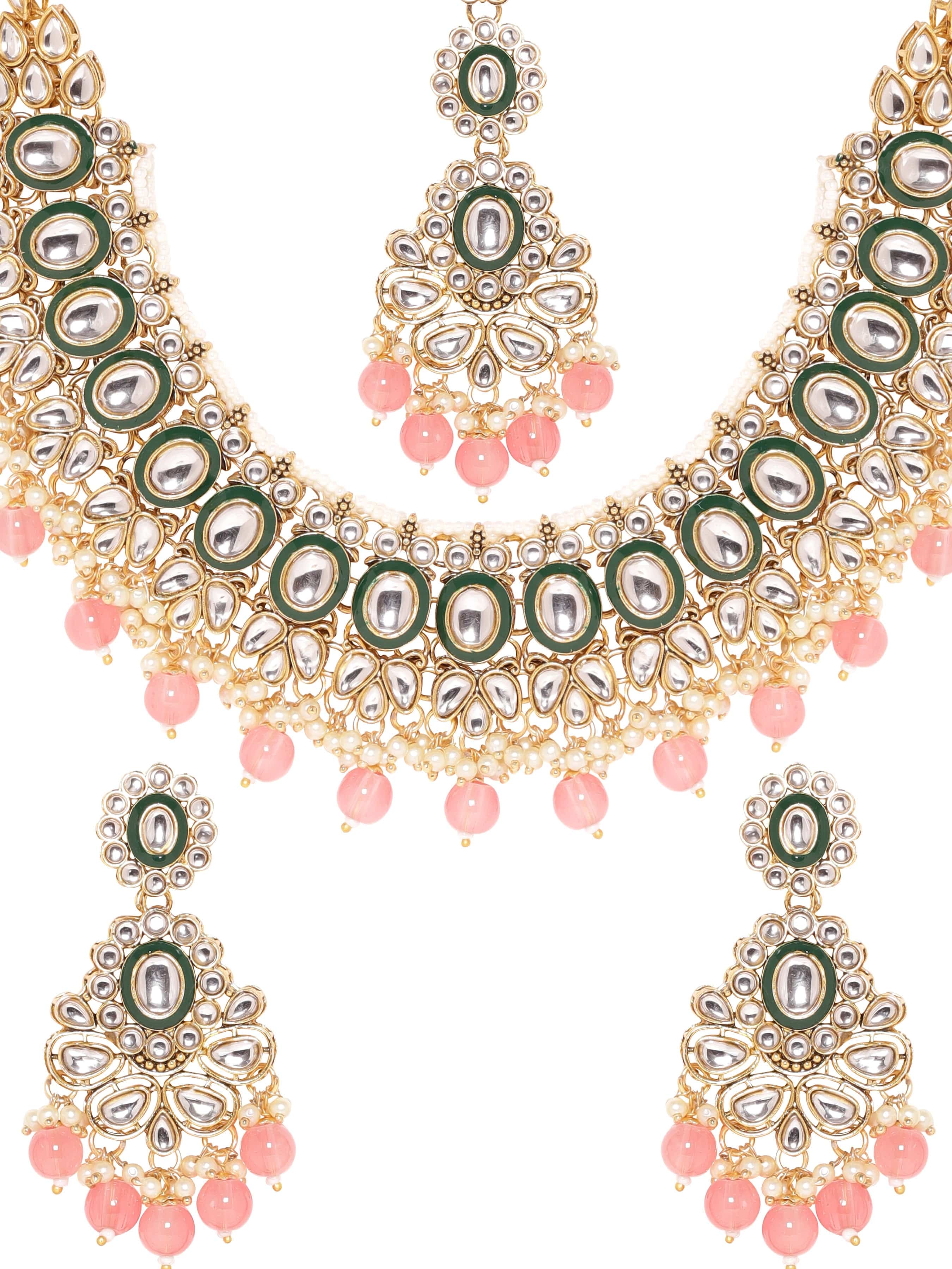 Opulent Radiance 22k Gold Plated Kundan and Pearl Beaded Jewelry Set
