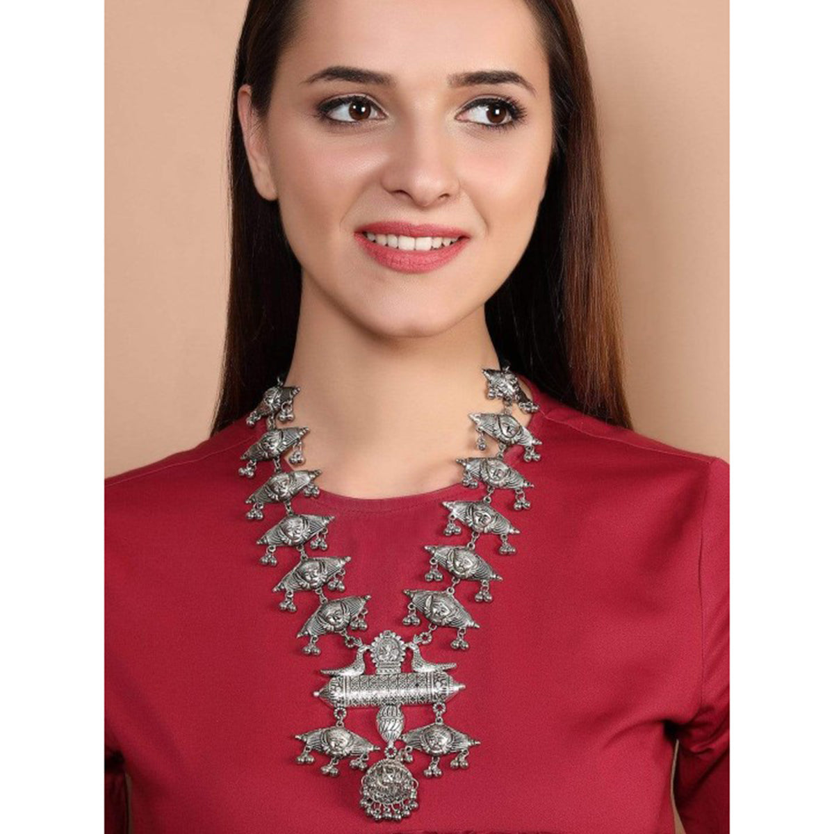 Wentra Oxidised Silver Plated  Necklace