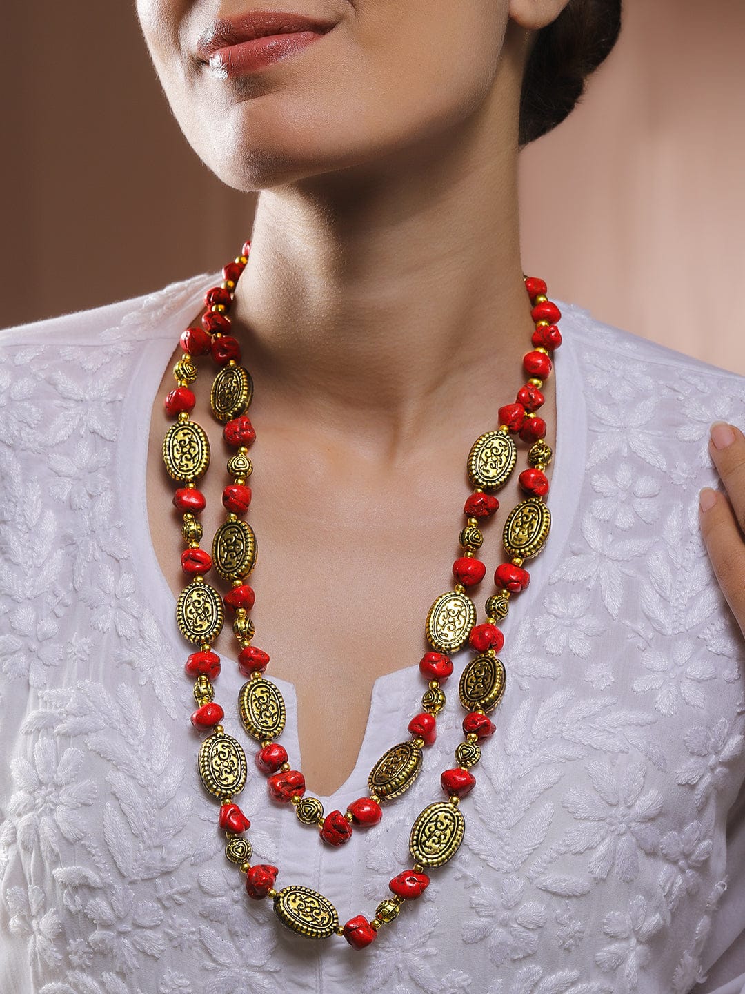Divine Red Beaded Gold Plated Layered Necklace