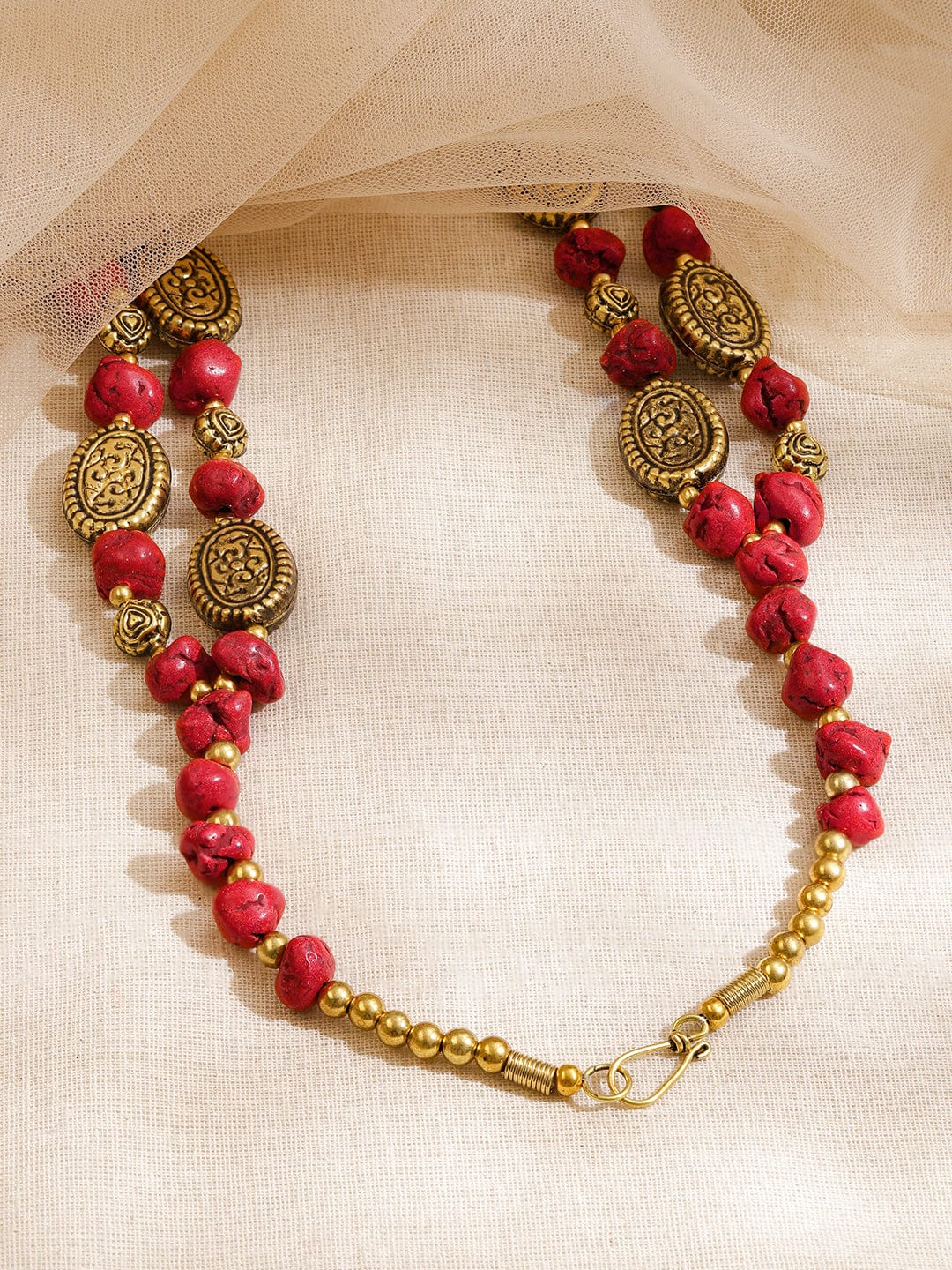 Divine Red Beaded Gold Plated Layered Necklace