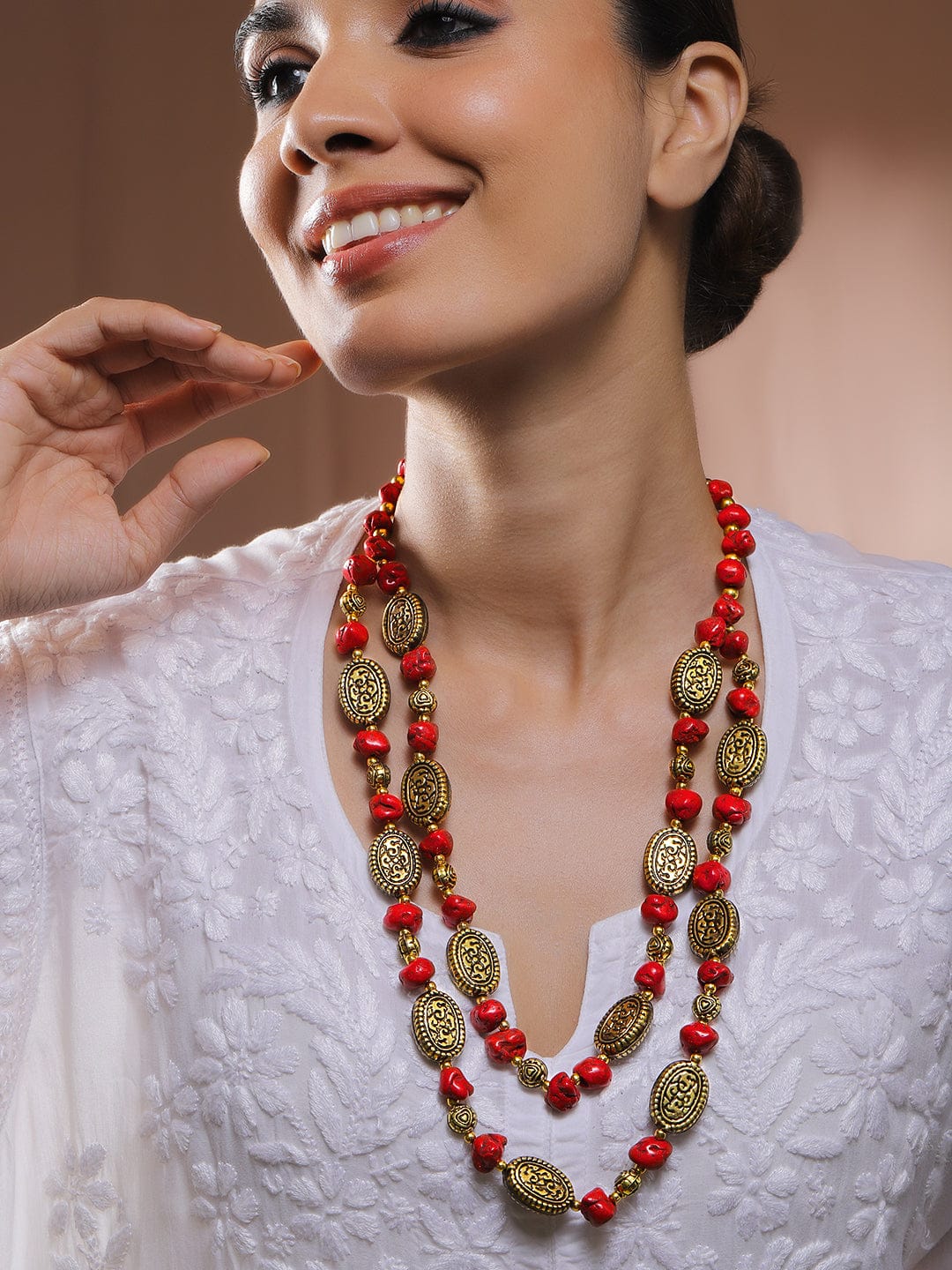 Divine Red Beaded Gold Plated Layered Necklace