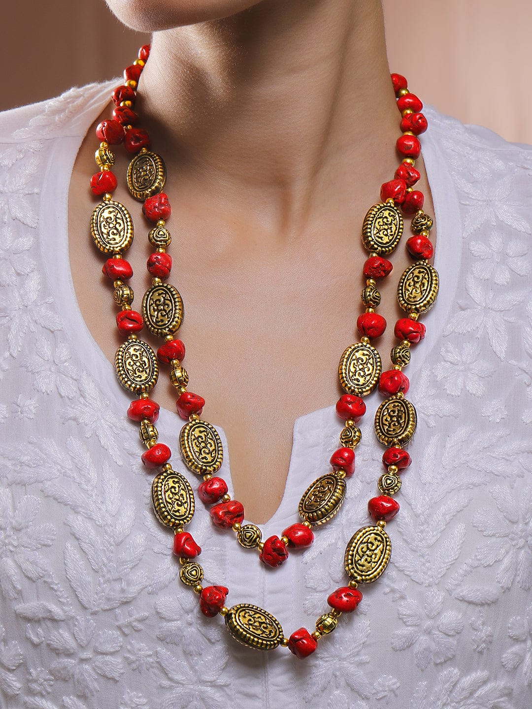 Divine Red Beaded Gold Plated Layered Necklace