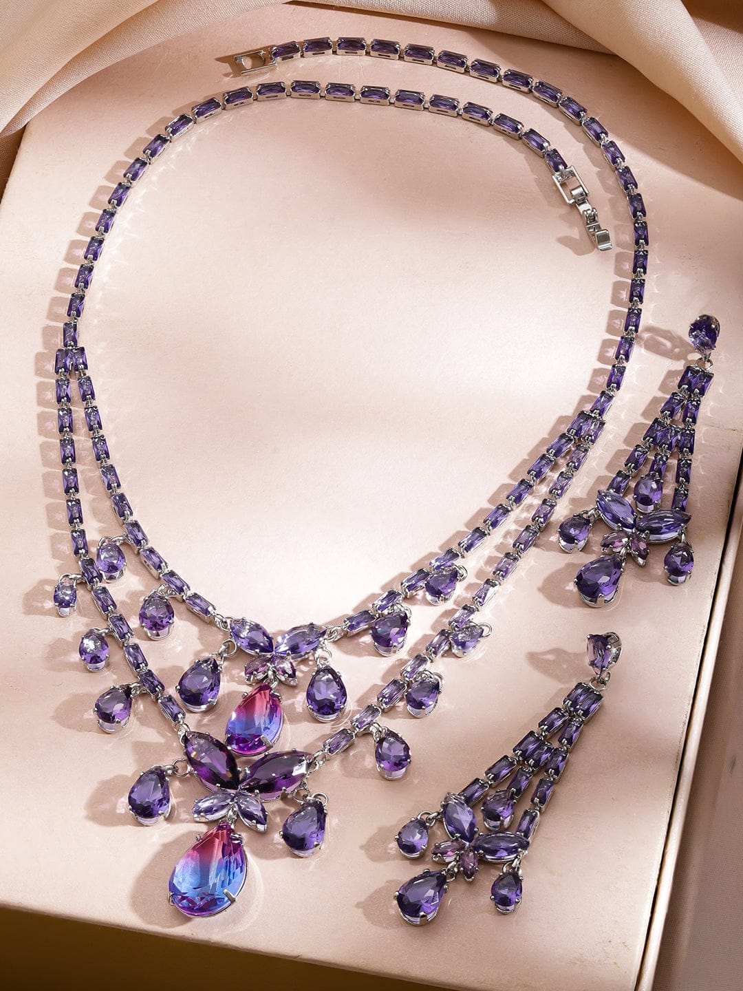 Double Layer Purple Crystal Teardrop Necklace Set