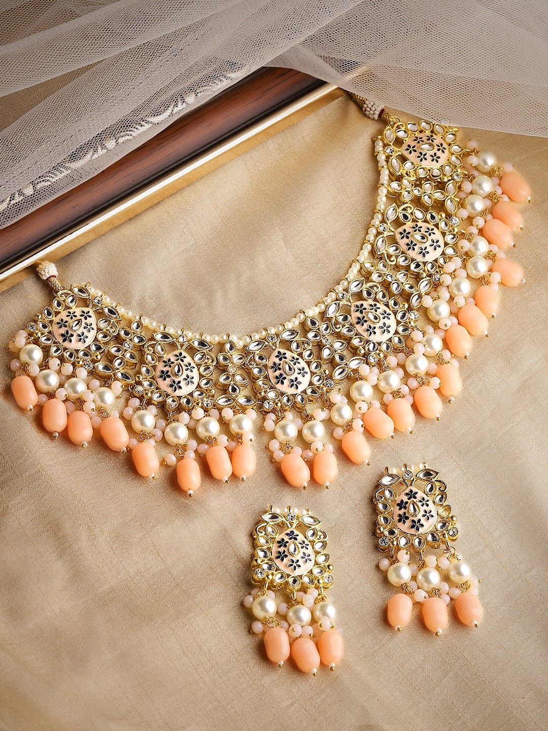 Festive Peach Glow Kundan Necklace Set