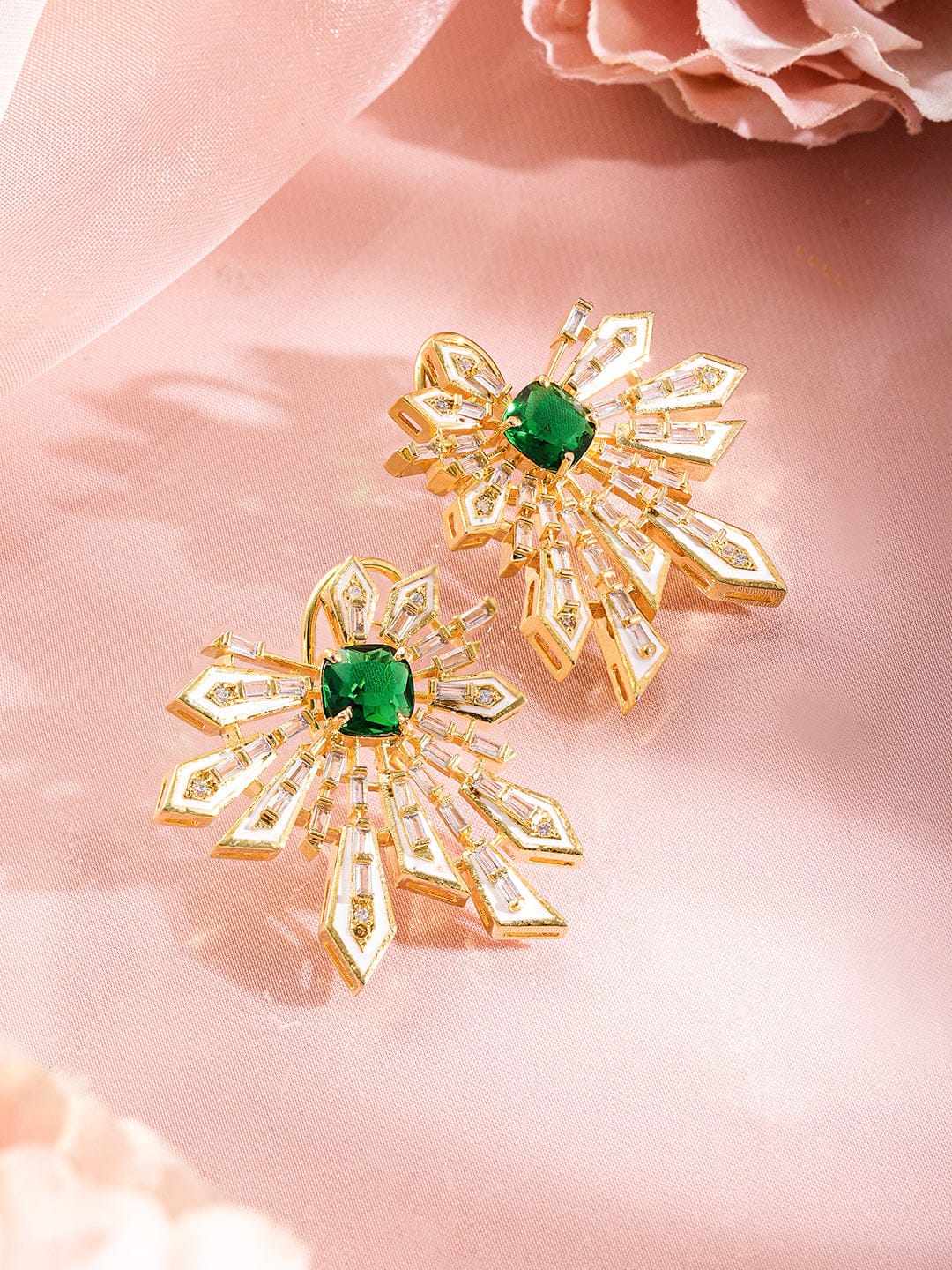 Floral Geometry Green & White Statement Studs