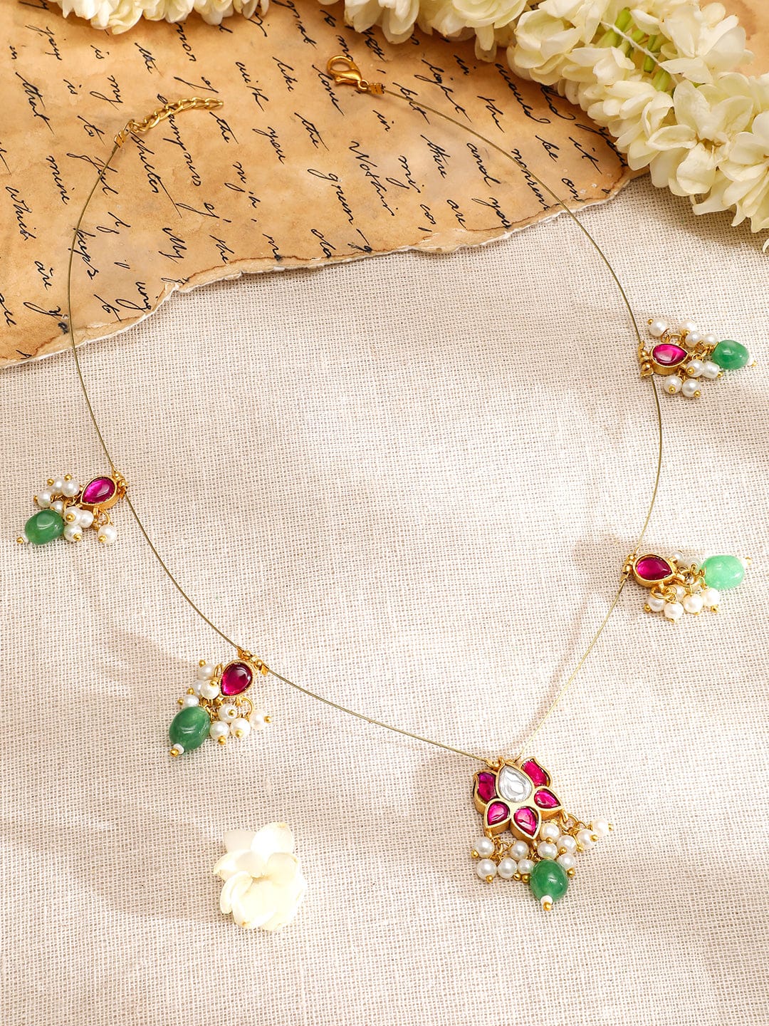 Floral Pink & Green Kundan Chain Necklace