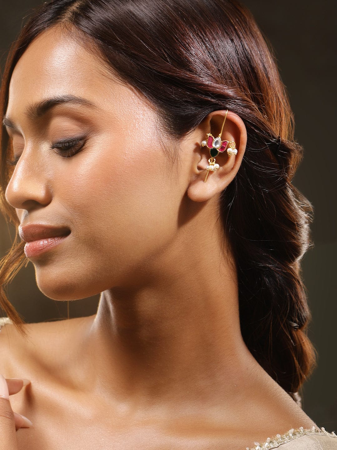 Gleaming White Pink Kundan Ear Cuffs