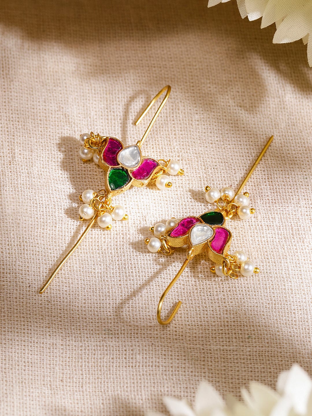 Gleaming White Pink Kundan Ear Cuffs