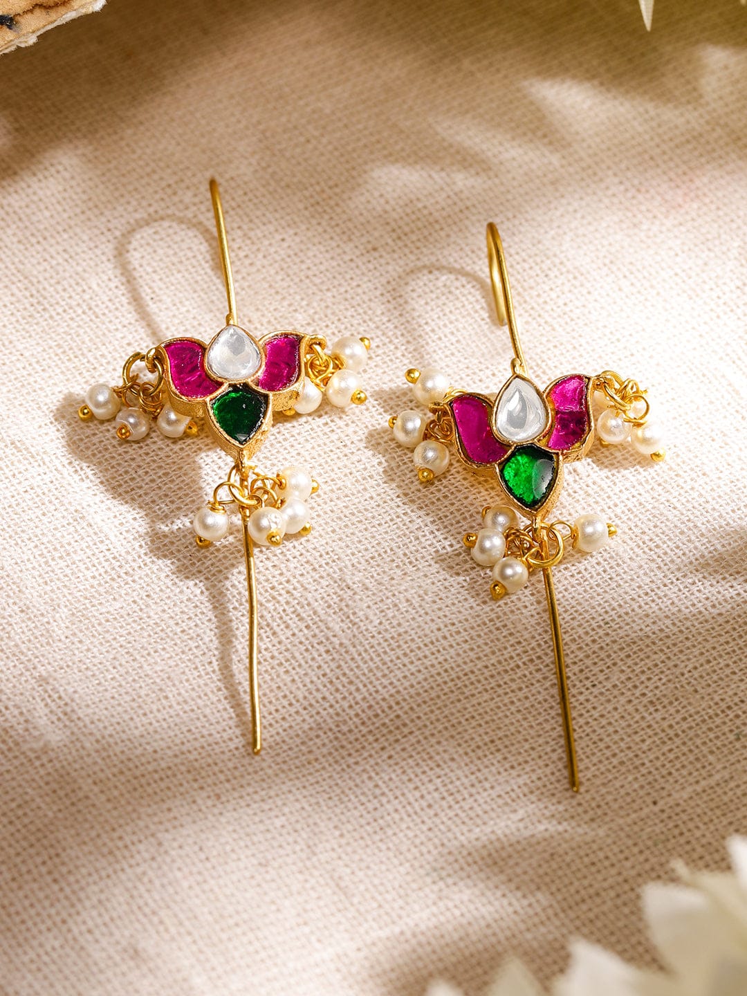 Gleaming White Pink Kundan Ear Cuffs