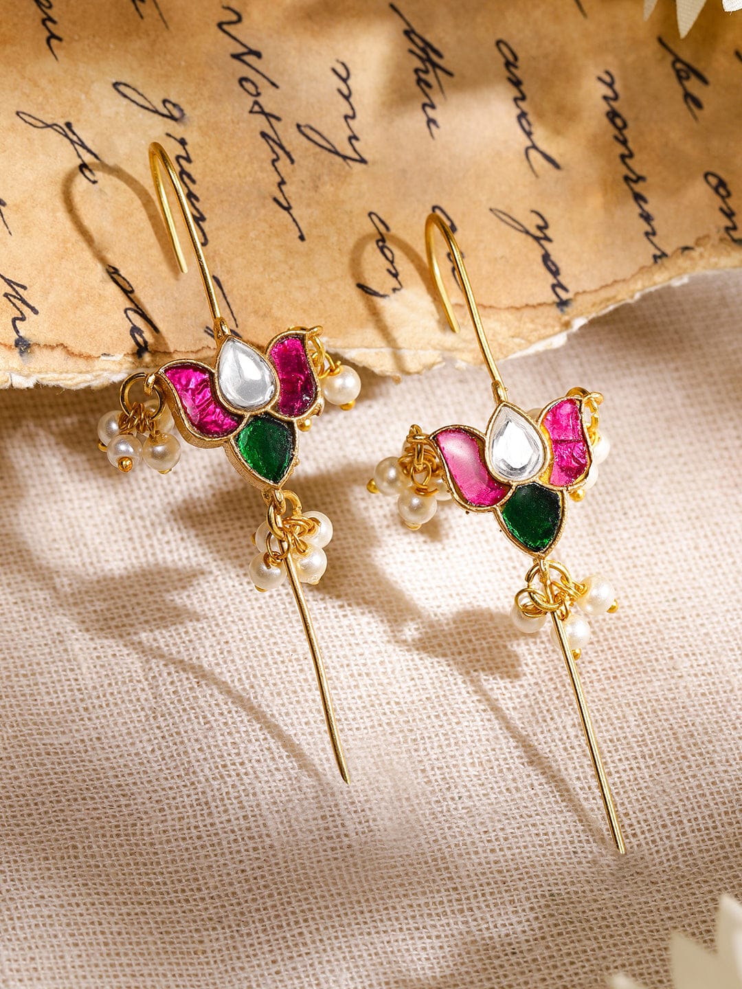 Gleaming White Pink Kundan Ear Cuffs