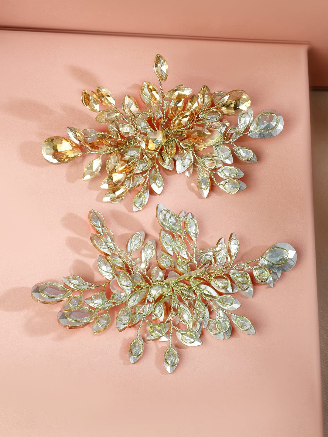 Golden Crystal Leaf Side Hair Pin - Set of 2