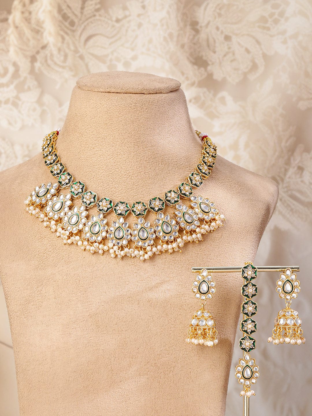 Green Enamel Kundan Necklace Set