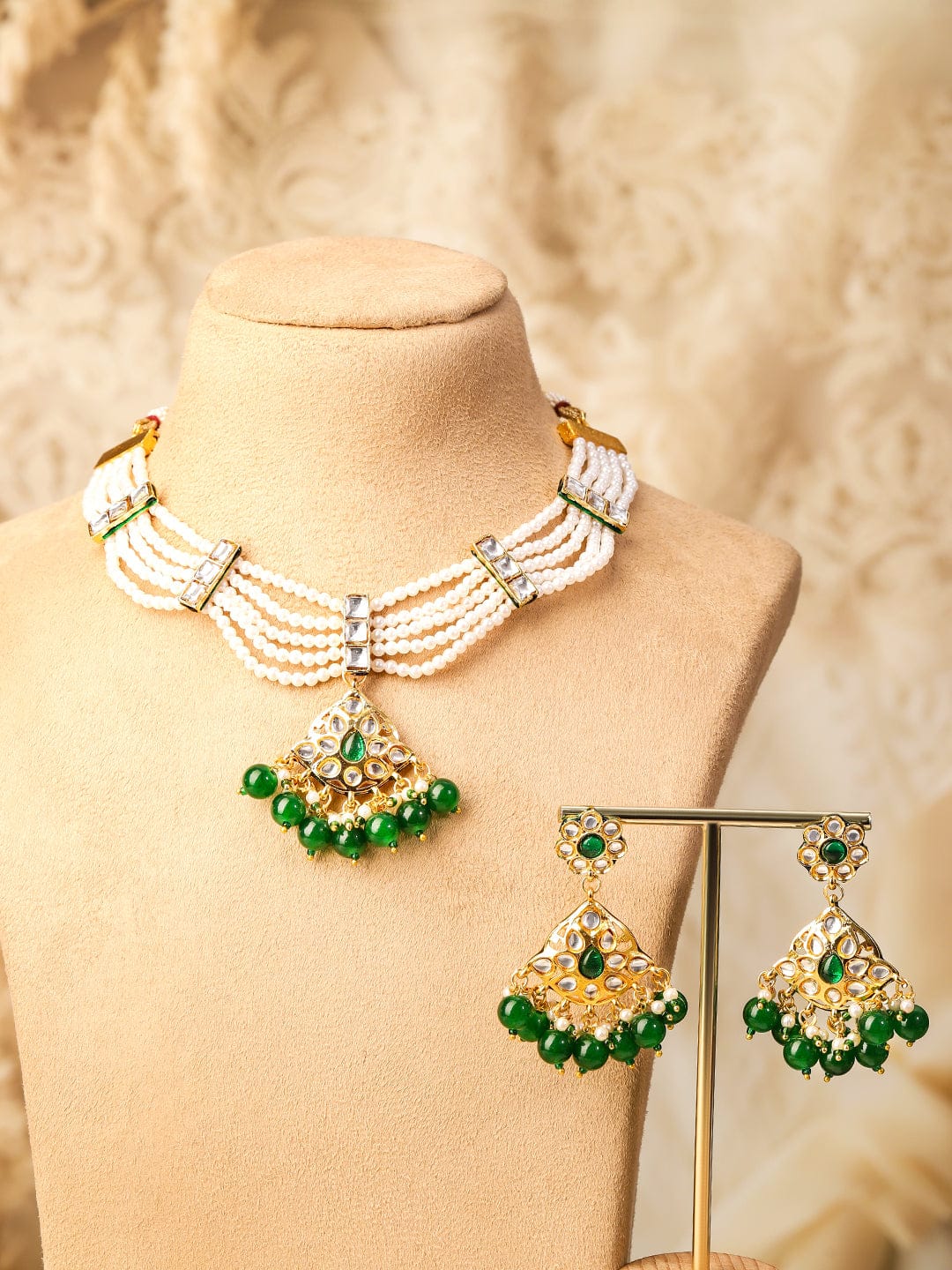 Handcrafted Green Beaded Necklace Set