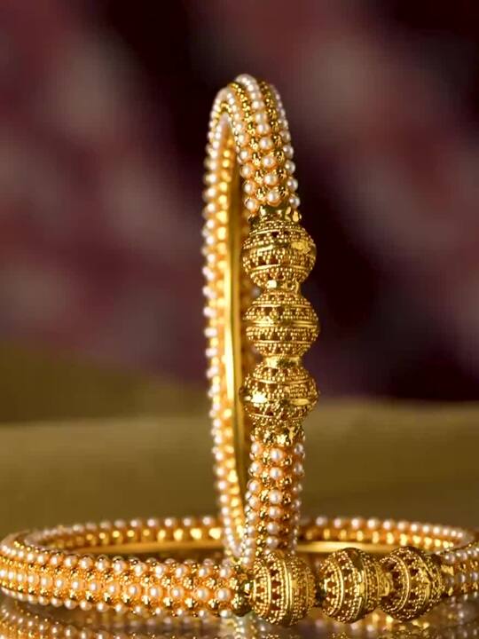 Wentra Set Of 2 Gold-Plated  White Pearls-Studded Handcrafted Bangles