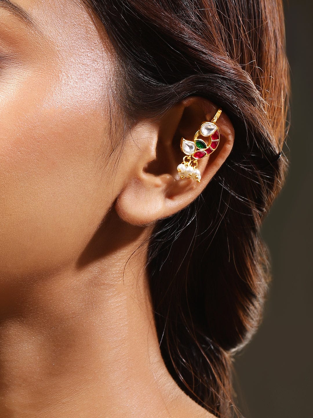 Majestic Pink White Kundan Ear Cuff