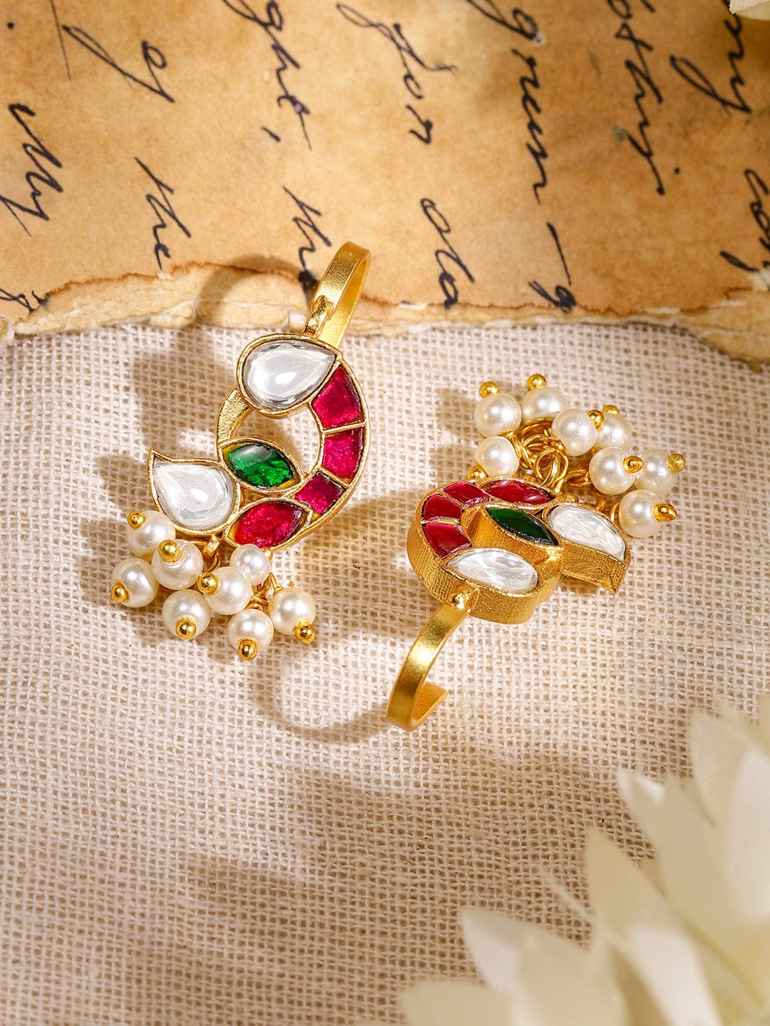 Majestic Pink White Kundan Ear Cuff