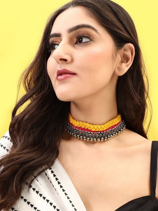 Wentra Oxidised Silver-Toned Orange Kerala Choker Necklace