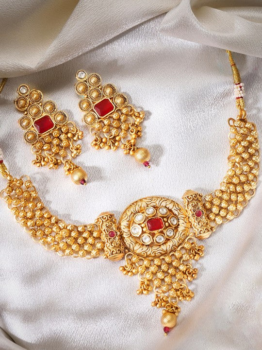 Wentra 22K Gold Plated Ruby Red & White Kundan Studded Choker Jewellery Set with Golden Beads