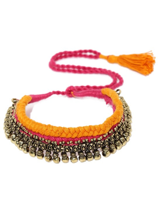 Wentra Oxidised Silver-Toned Orange Kerala Choker Necklace