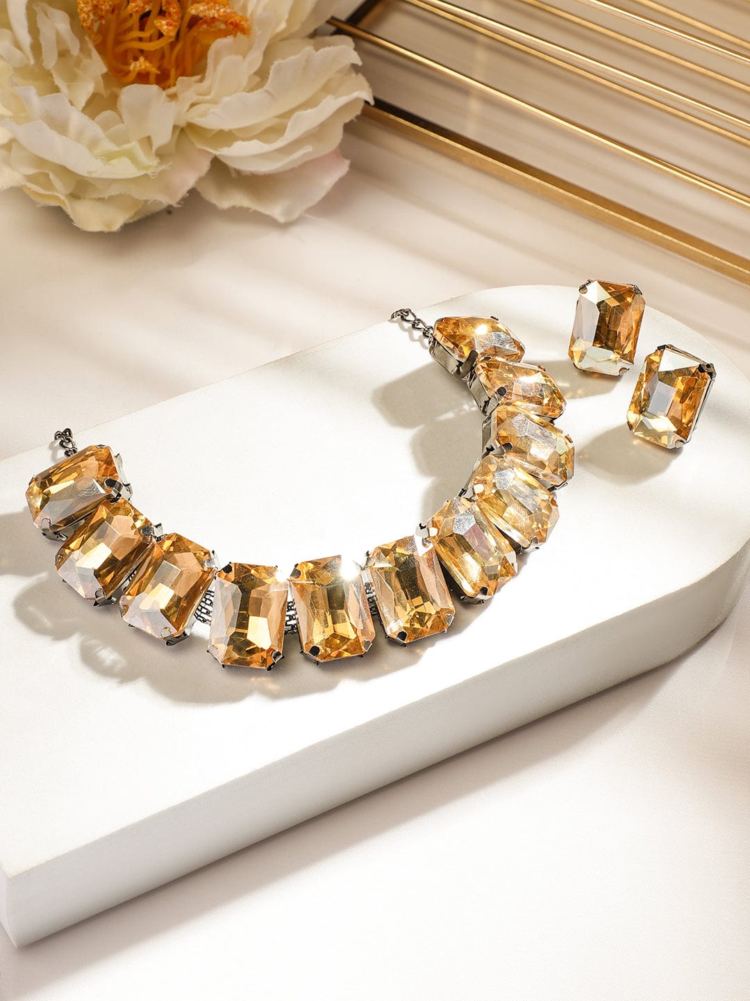 Golden Champagne Crystal Studded Necklace Set