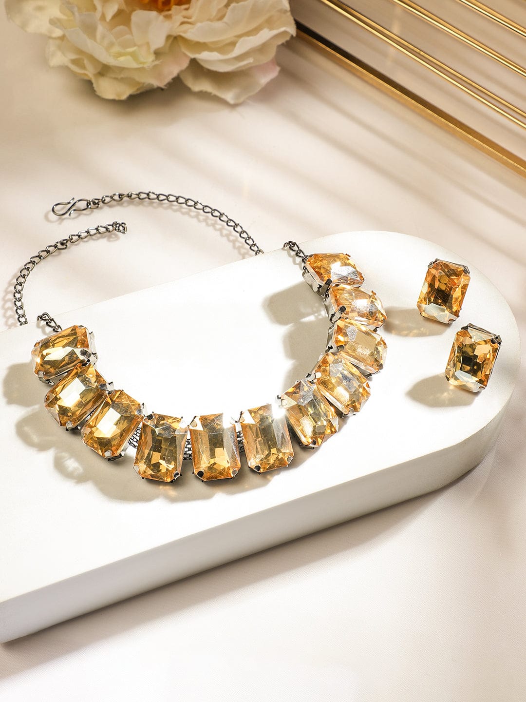 Golden Champagne Crystal Studded Necklace Set