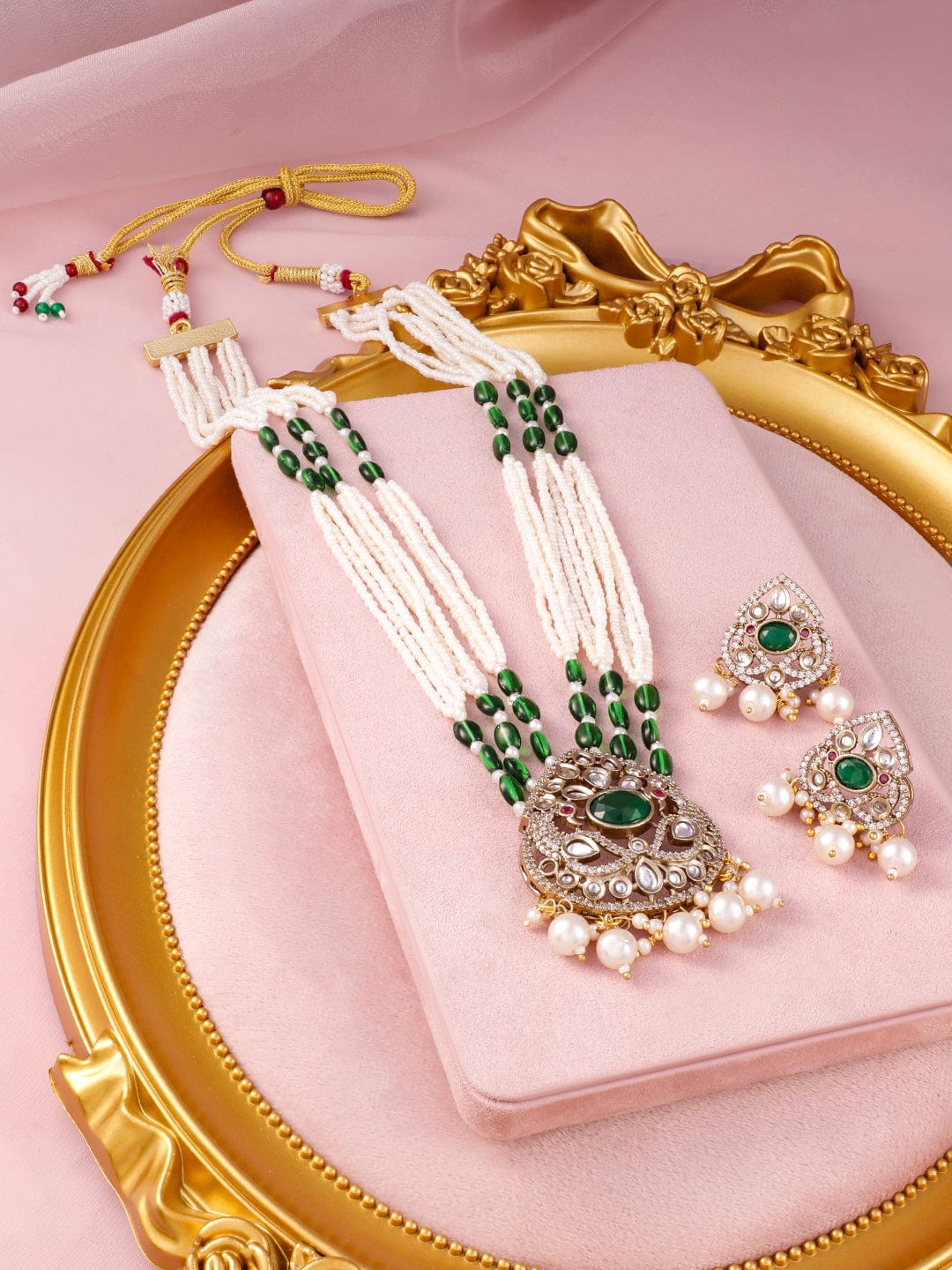 Pearl Threads Green Necklace Set