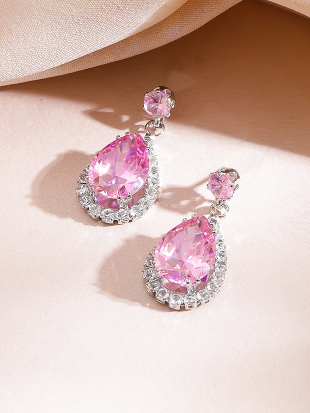 Pink American Diamond Zirconia Teardrop Necklace Set