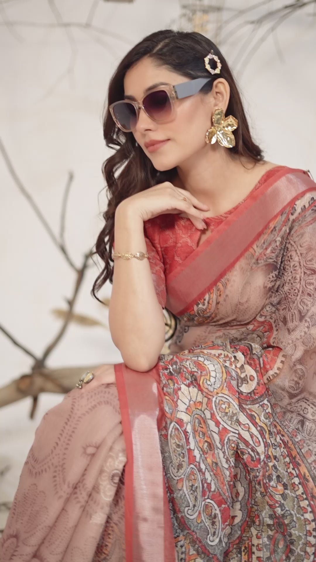 Women's Premium Linen Silk Paisley Printed Saree with Rust Woven Border & Designer Tassel Pallu