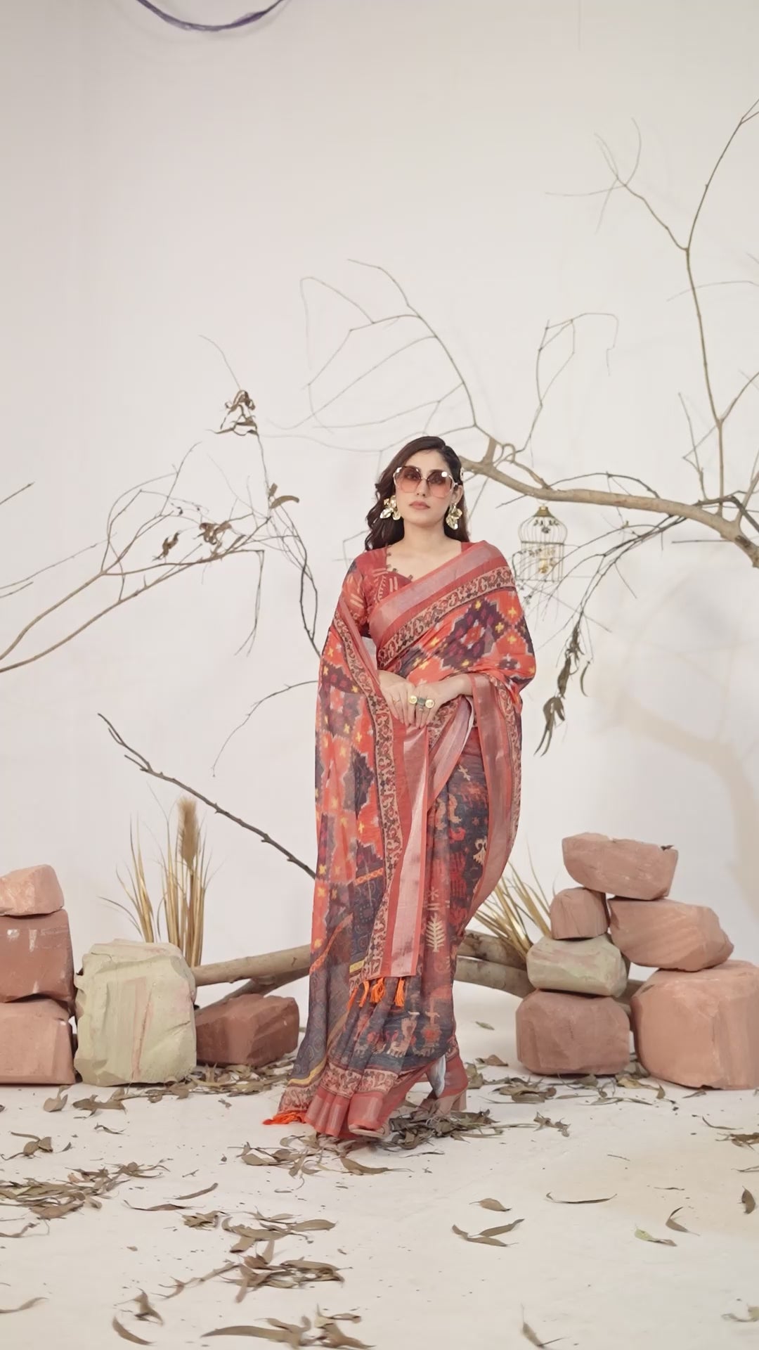 Women's Premium Linen Silk Ikat Printed Saree with Coral Pink Woven Border & Tassel Pallu