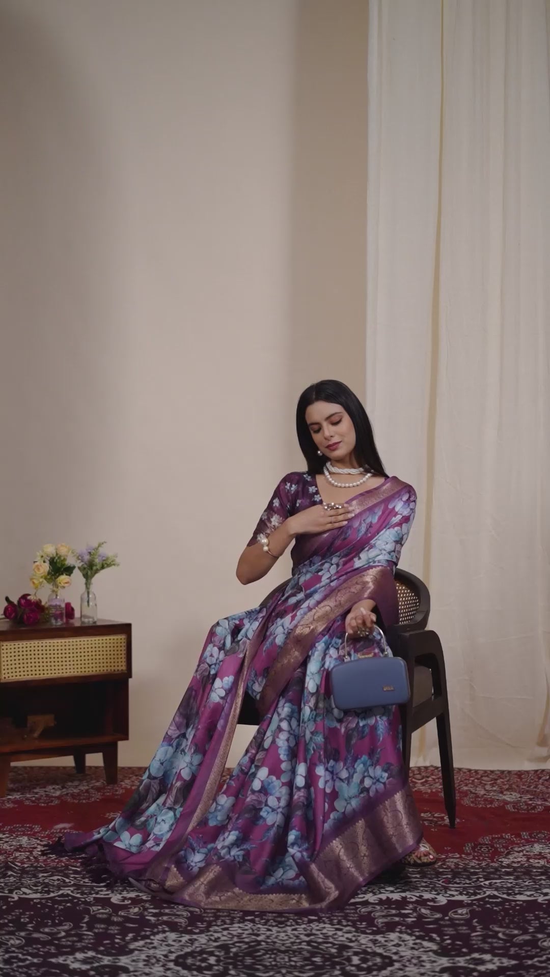 Women's Purple Linen Silk Floral Printed Saree with Antique Zari Border & Designer Pallu