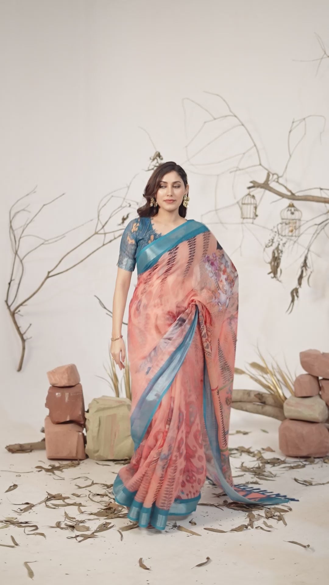 Women's Premium Linen Silk Floral Printed Saree with Teal Blue Woven Border & Designer Tassel Pallu