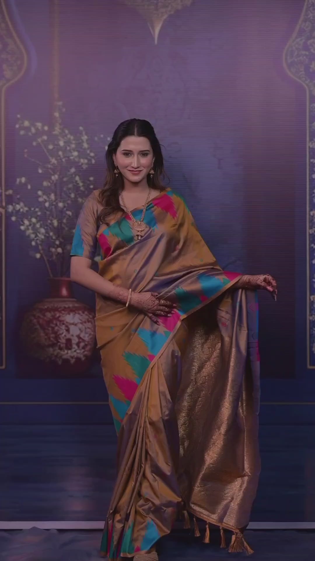 Golden Brown Banarasi Silk Saree with Multicolor Ikat Design & Rich Zari Woven Pallu