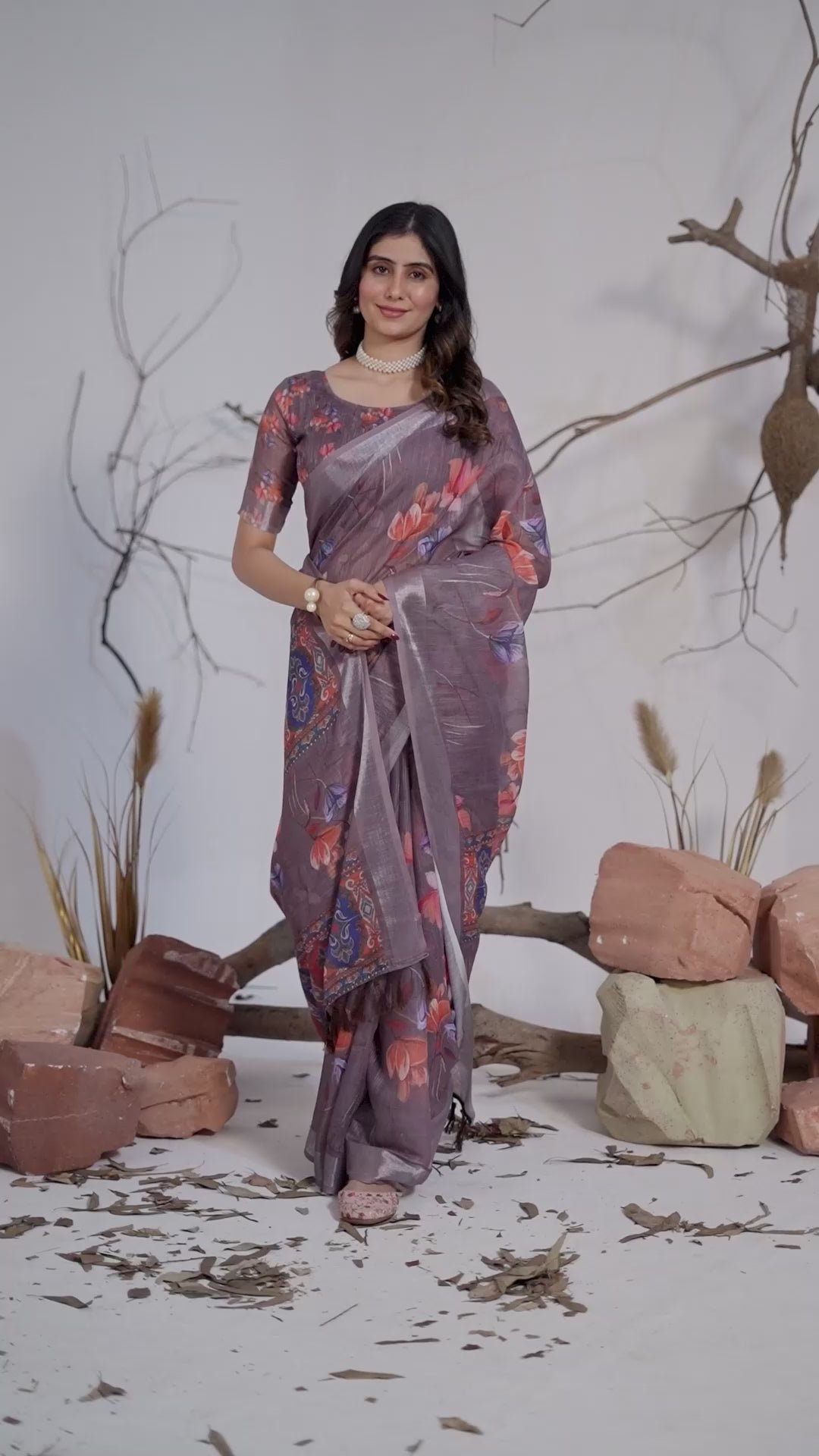 Women's Premium Linen Silk Grey Floral Printed Saree with Designer Woven Pallu & Silver Zari Border