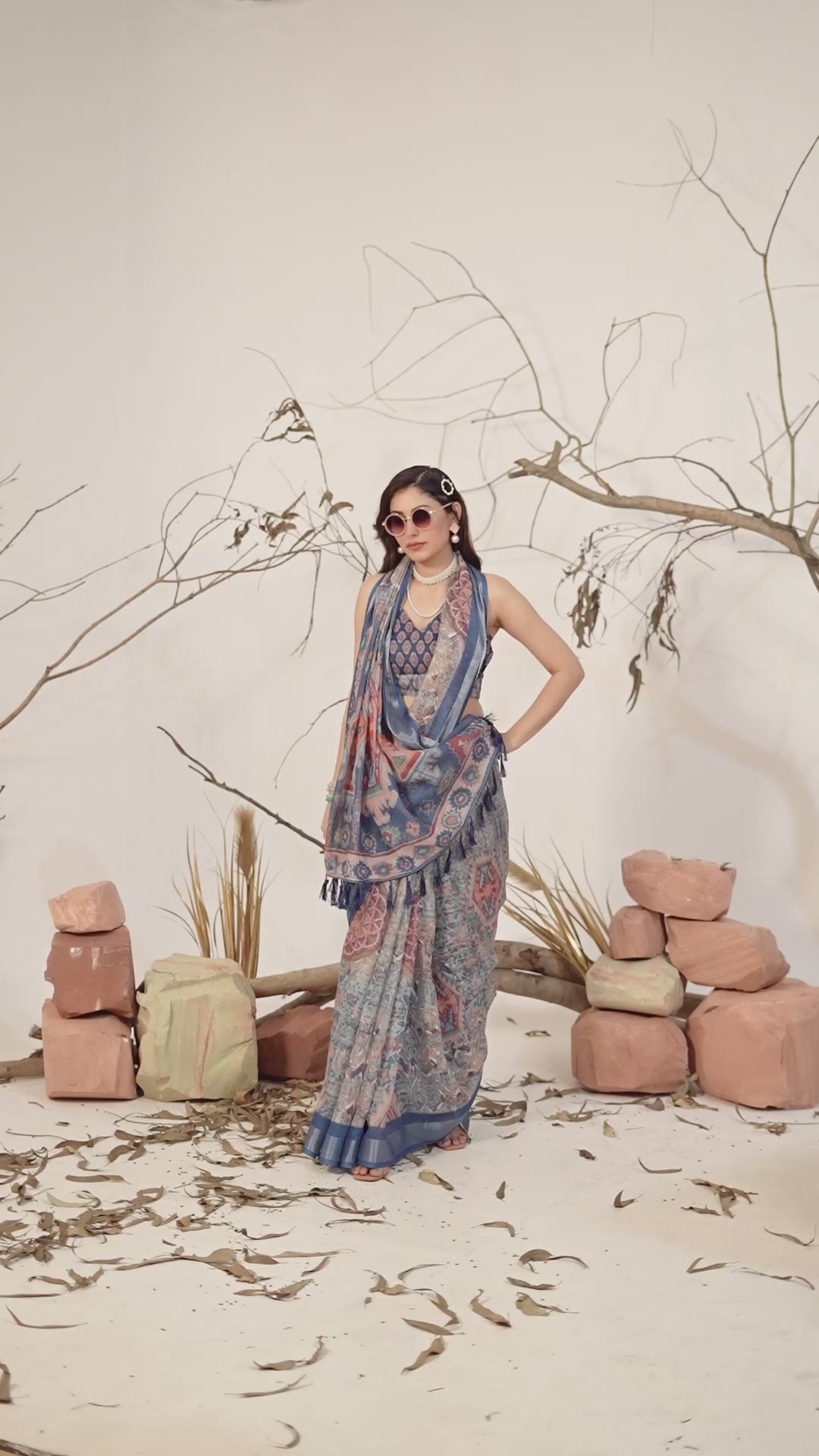 Women's Premium Linen Silk Abstract Printed Saree with Royal Blue Woven Border & Tassel Pallu