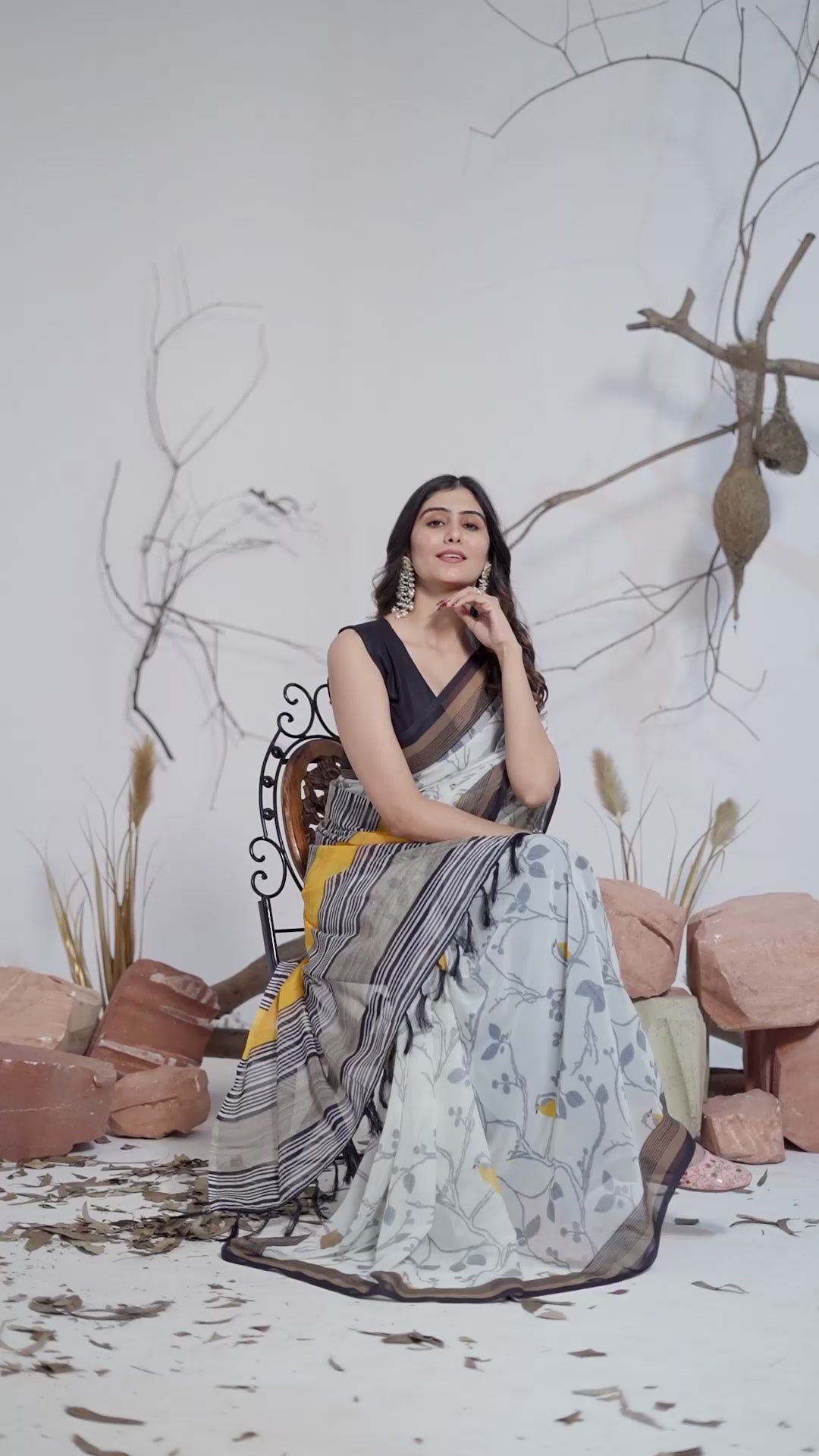 Women's Premium Linen Silk Off White Floral Printed Saree with Black Border & Designer Striped Pallu