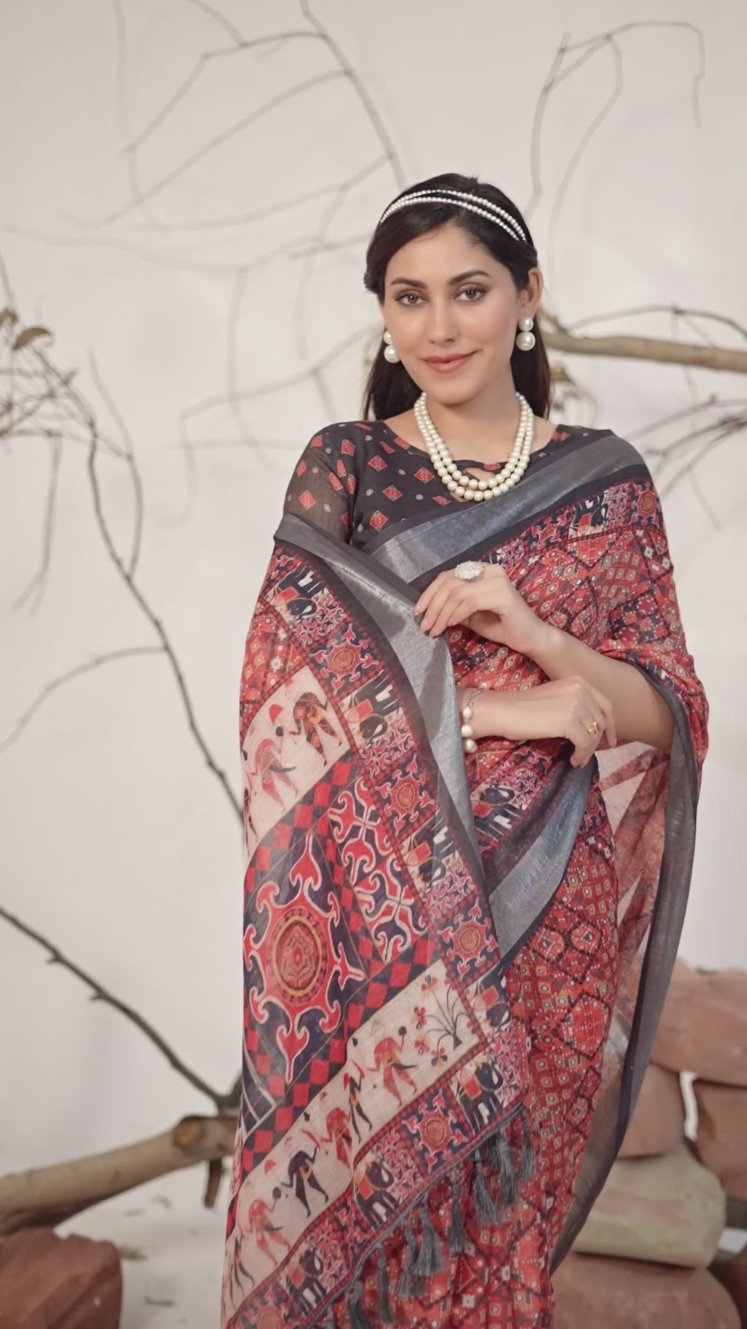 Women's Premium Linen Silk Ajrakh Printed Saree with Grey Woven Border & Designer Pallu