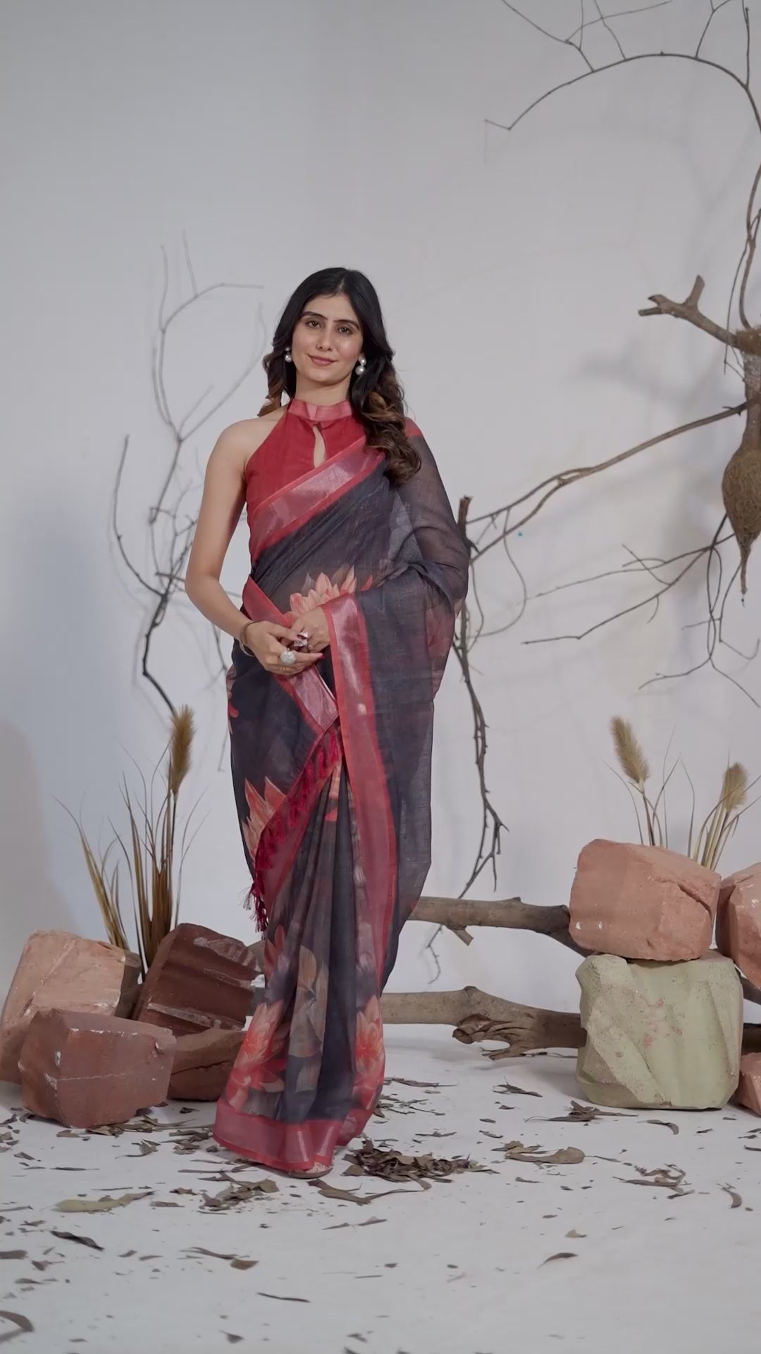 Women's Premium Linen Silk Charcoal Grey Floral Printed Saree with Rust Red Designer Pallu & Zari Border