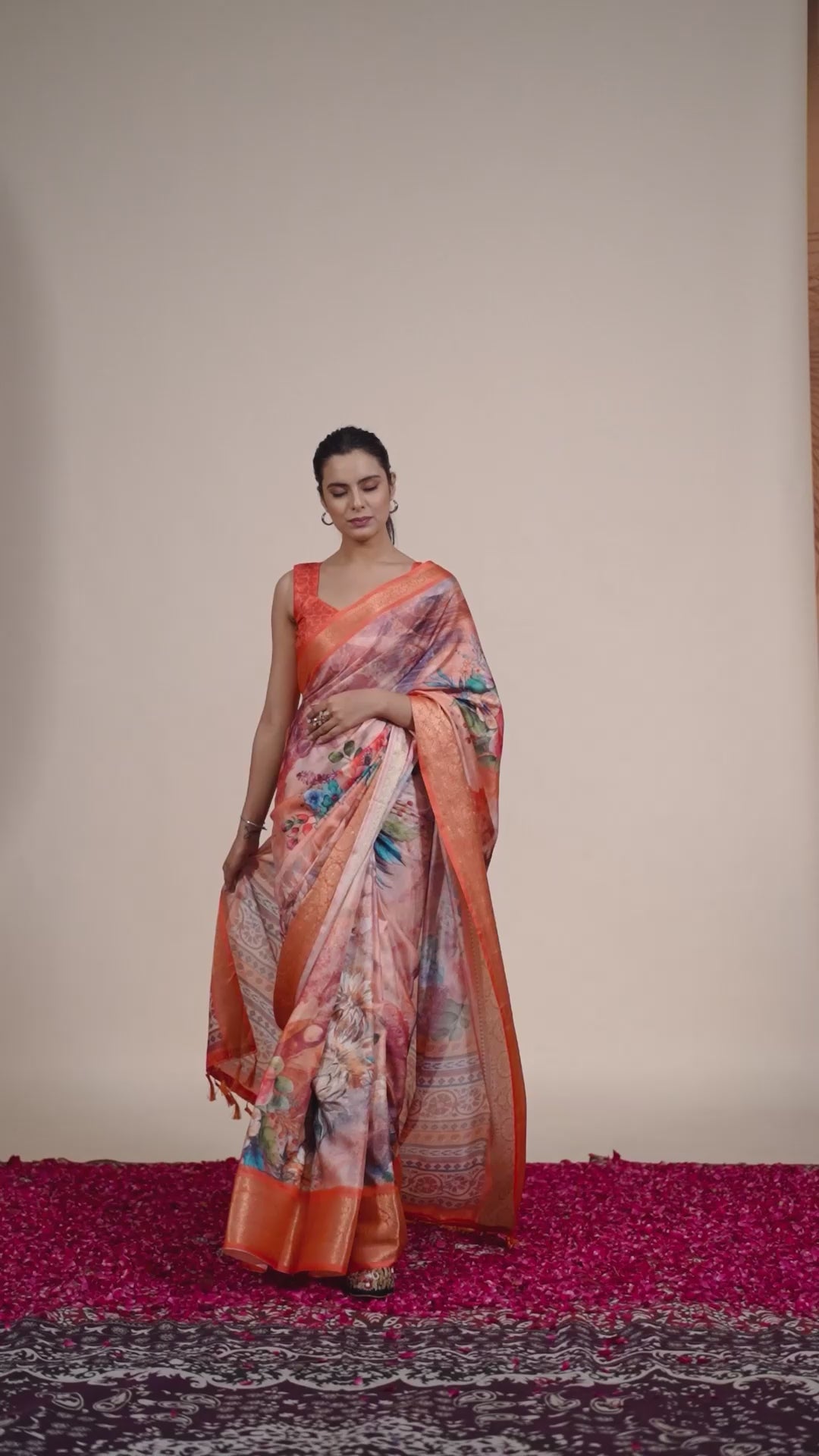 Women's Peach Pink Linen Silk Floral Printed Saree with Copper Zari Border & Designer Ethnic Pallu