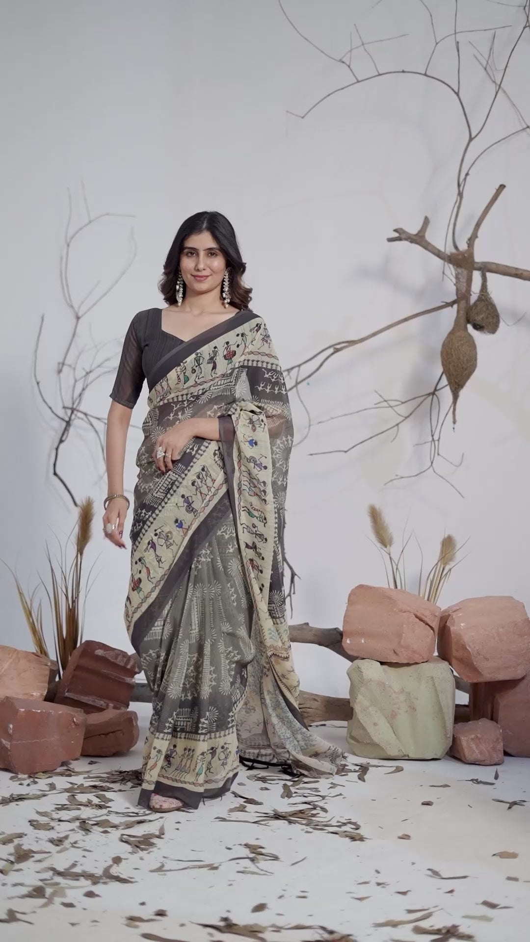 Women's Premium Linen Silk Olive Green Warli Printed Saree with Tribal Art Border & Designer Pallu