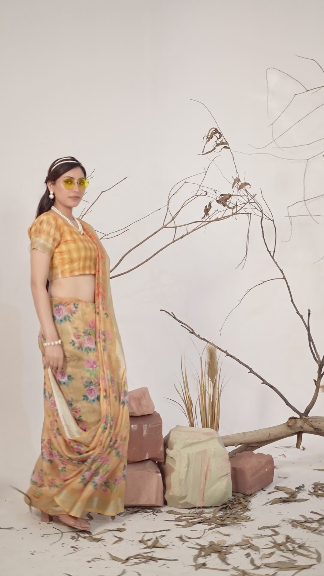 Women's Premium Linen Silk Yellow Floral Printed Saree with Golden Zari Border & Designer Pallu