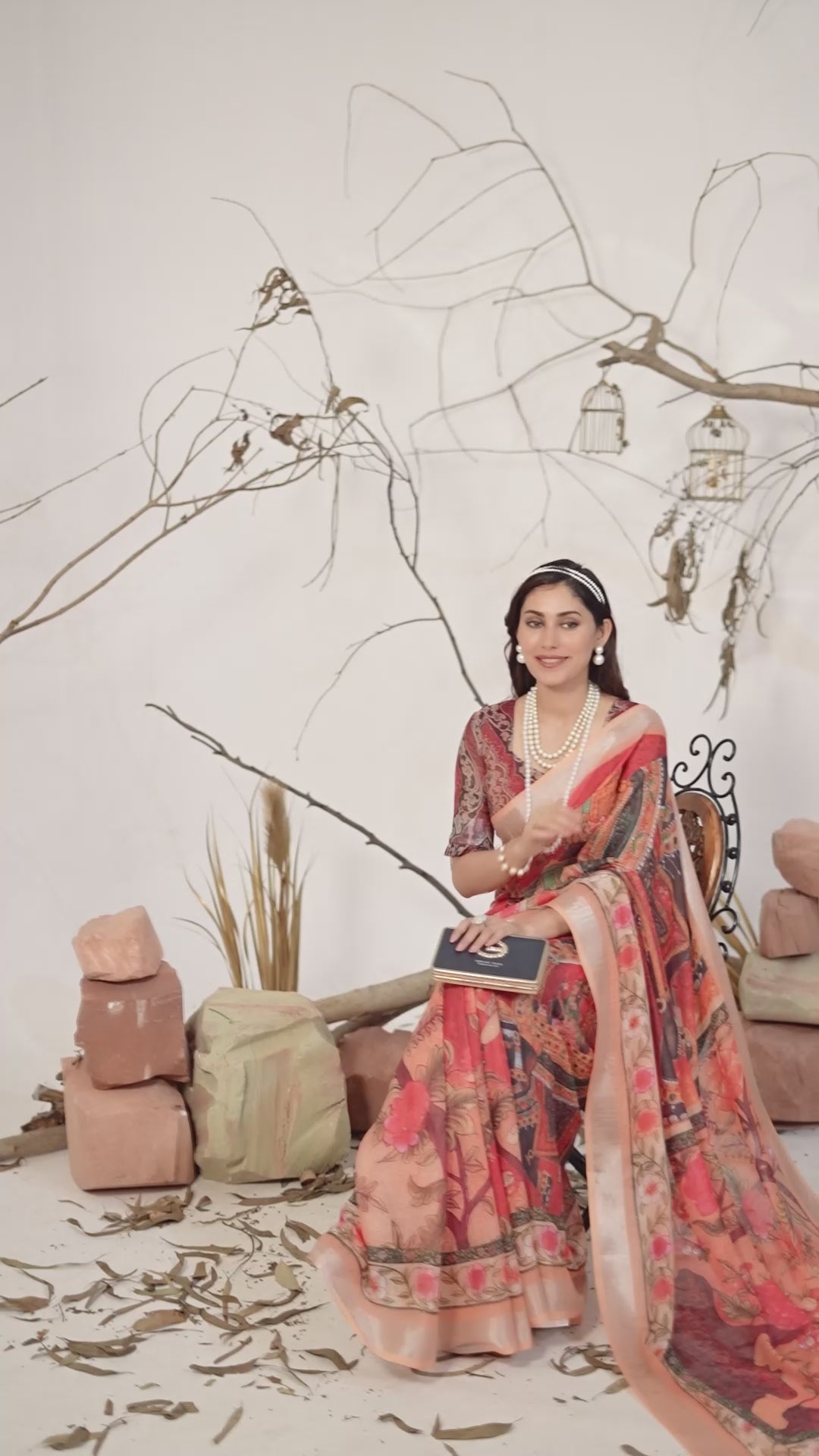 Women's Premium Linen Silk Floral Printed Saree with Beige Woven Border & Designer Tassel Pallu