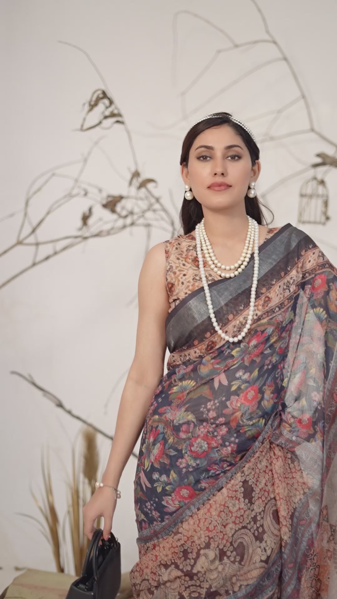 Women's Premium Linen Silk Floral Printed Saree with Navy Blue Woven Border & Designer Tassel Pallu | Navy Blue Party Wear Saree