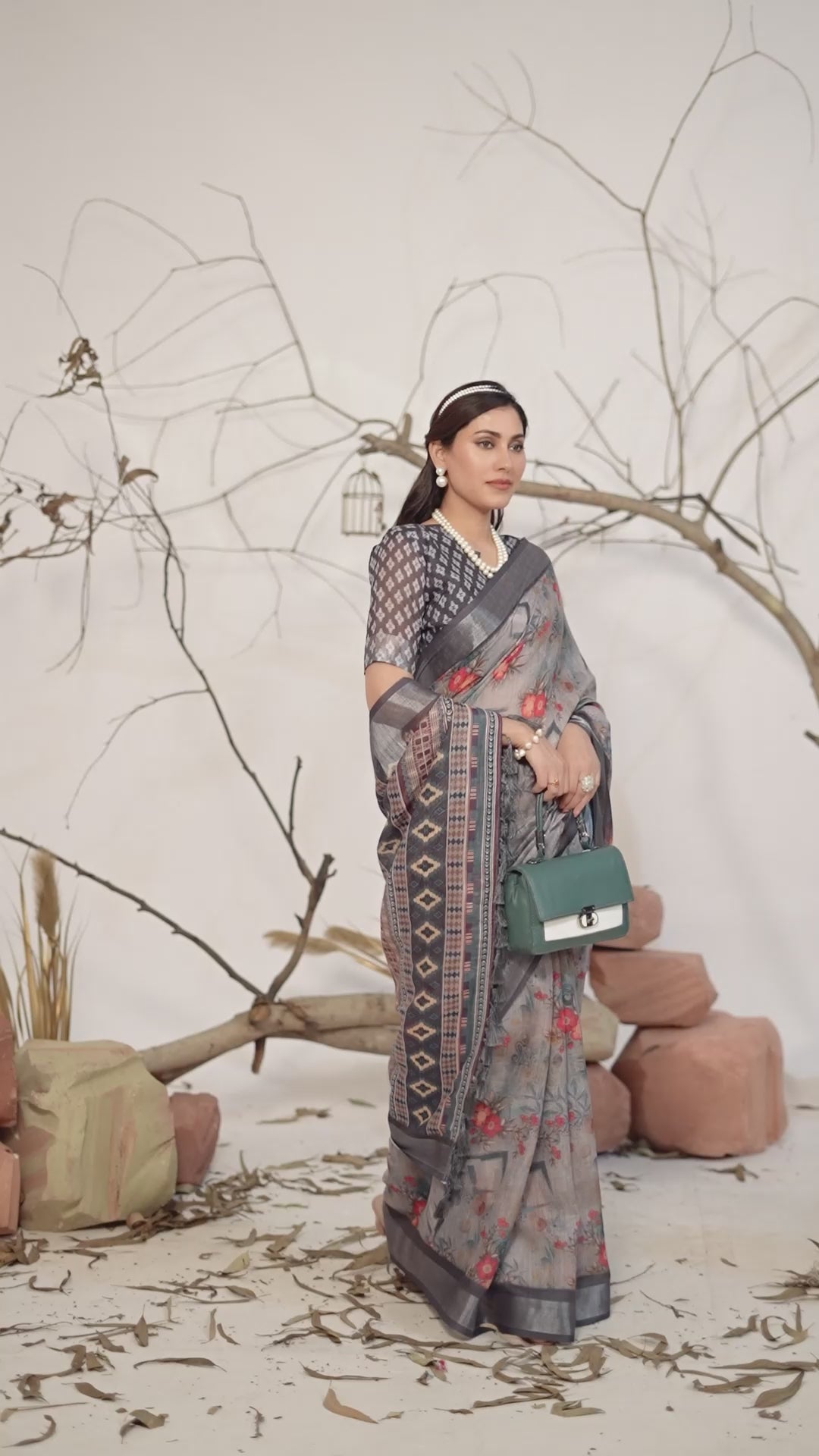 Women's Premium Linen Silk Floral Printed Saree with Charcoal Grey Woven Border & Designer Tassel Pallu