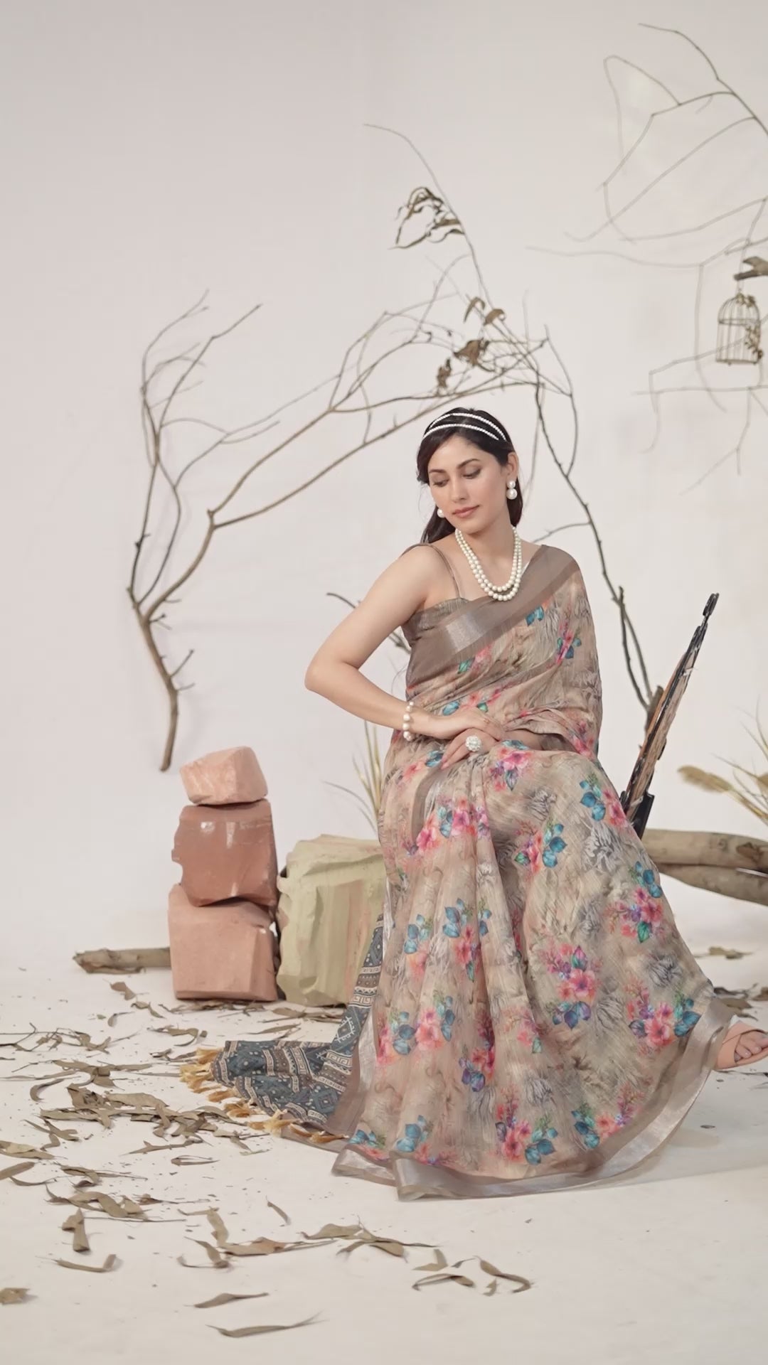 Women's Premium Linen Silk Beige Floral Printed Saree with Blue Ethnic Designer Pallu & Zari Border
