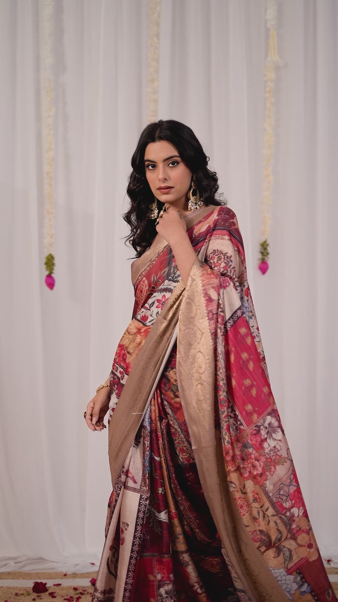 Women's Beige Multicolor Linen Silk Printed Saree with Golden Zari Border & Designer Floral Pallu | Premium Festive Party Wear Saree