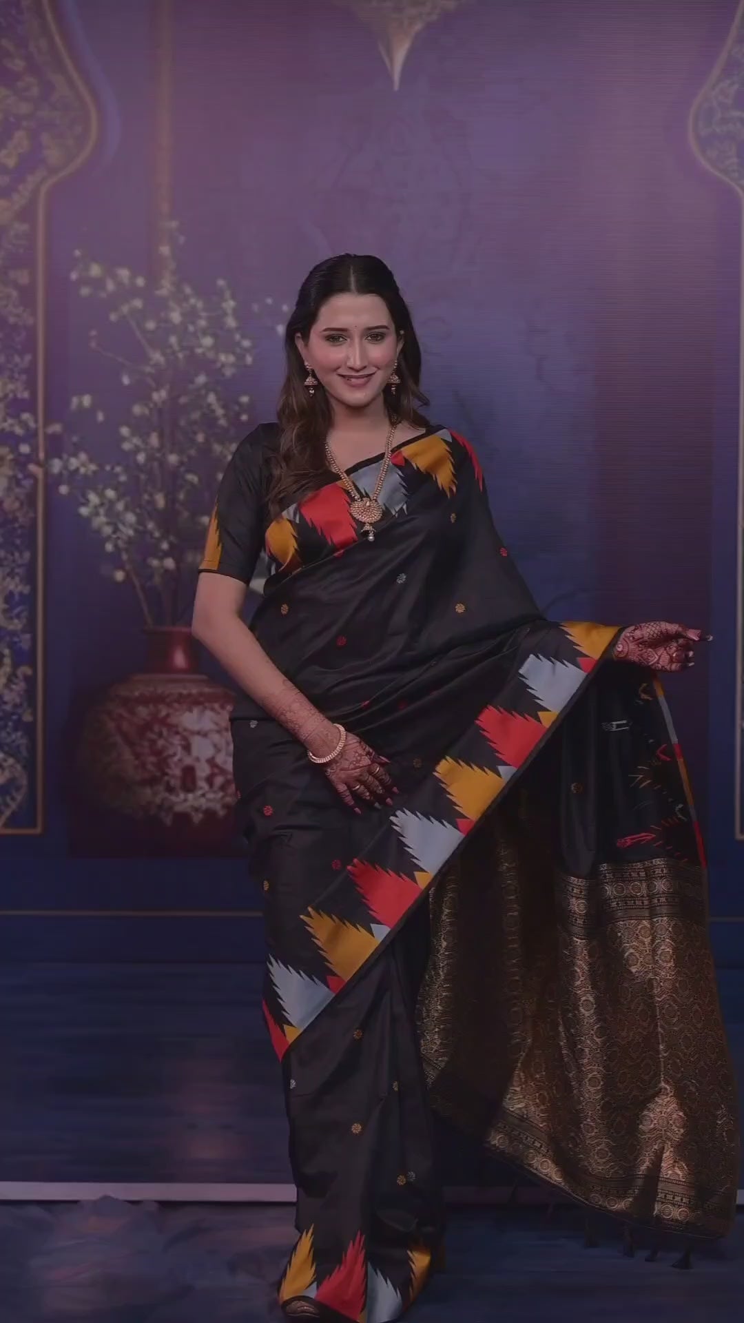 Black Banarasi Silk Saree with Multicolor Ikat Design & Rich Zari Woven Pallu