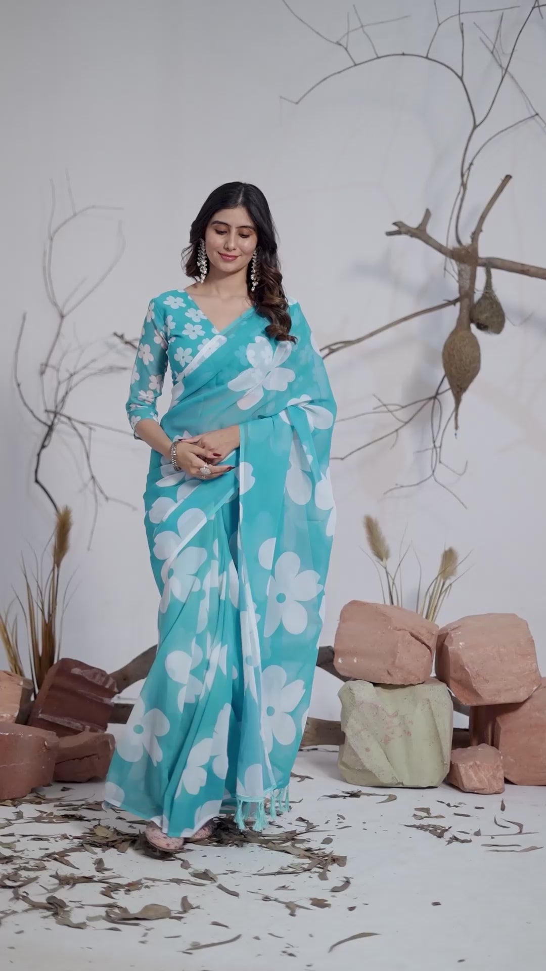 Women's Premium Linen Silk Aqua Blue Floral Printed Saree with Oversized White Flower Print