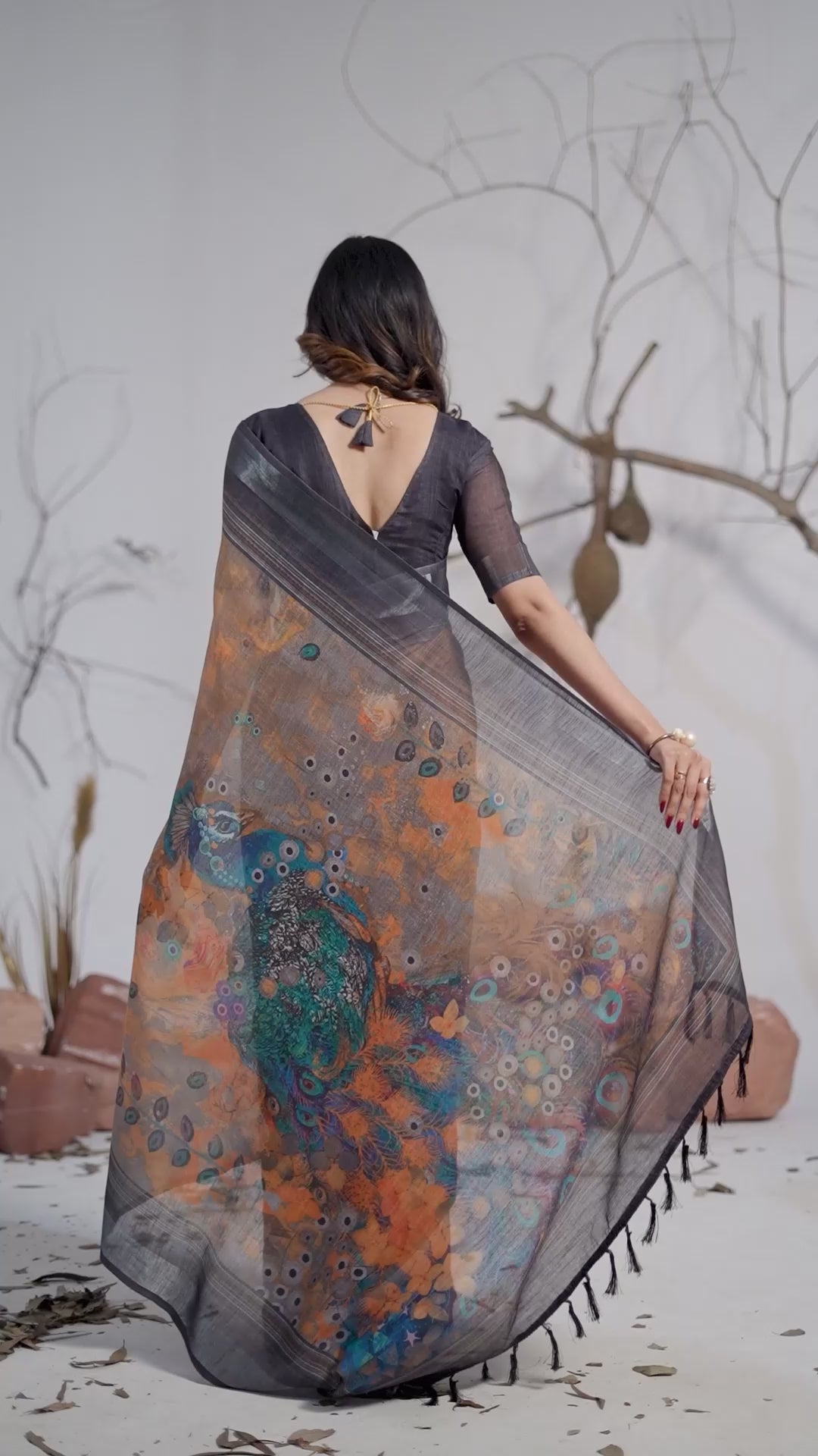 Women's Premium Linen Silk Mustard Printed Saree with Black Designer Pallu & Zari Border