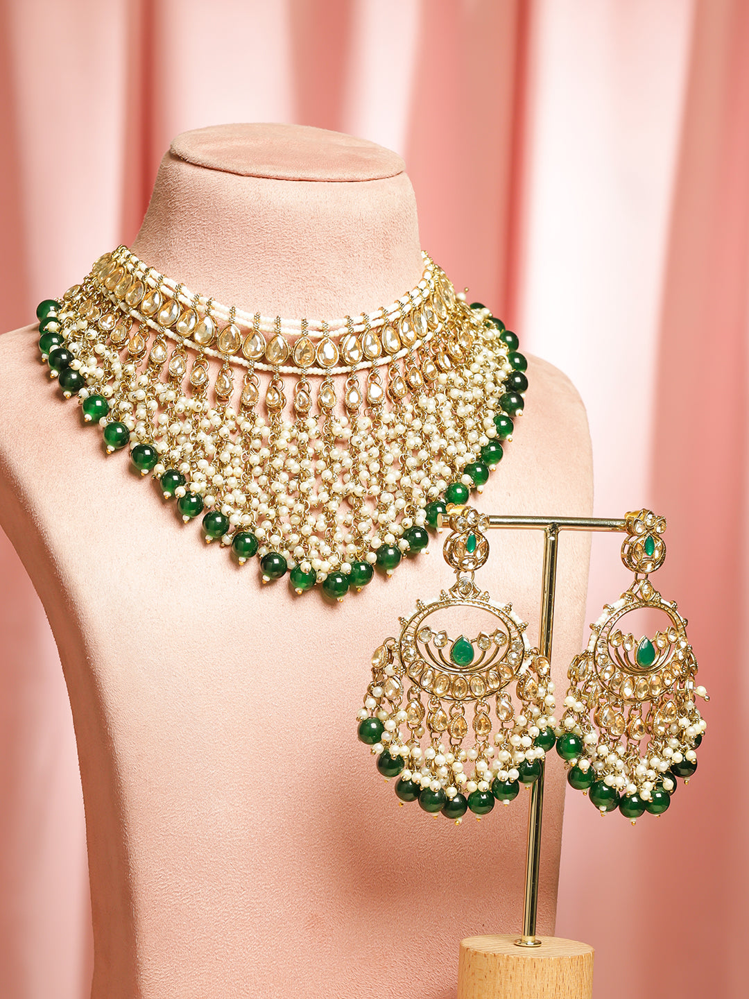 Pearl Embellished Green Beaded Kundan Choker Set